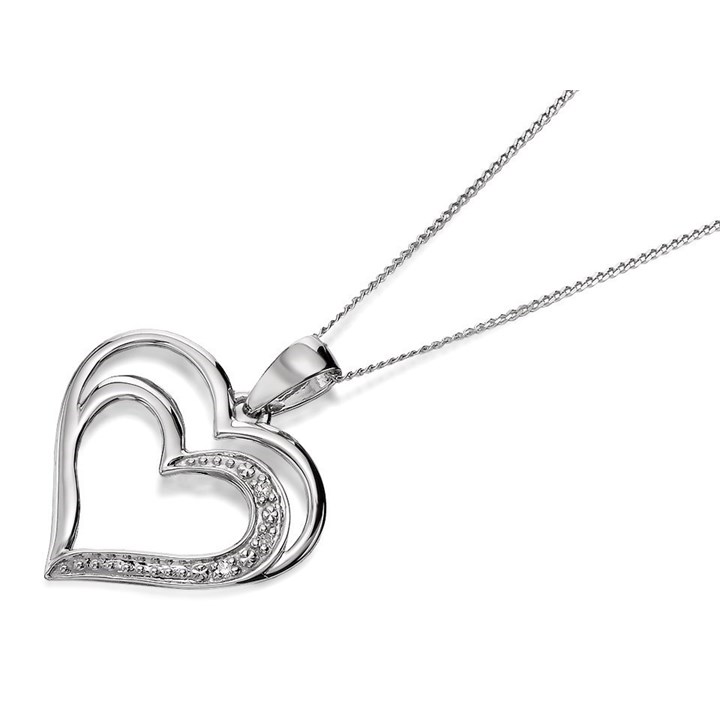9ct White Gold Diamond Double Heart Necklace - R8108