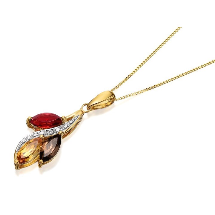 9ct Gold Garnet, Smoky Quartz, Citrine And Diamond Necklace - R8216