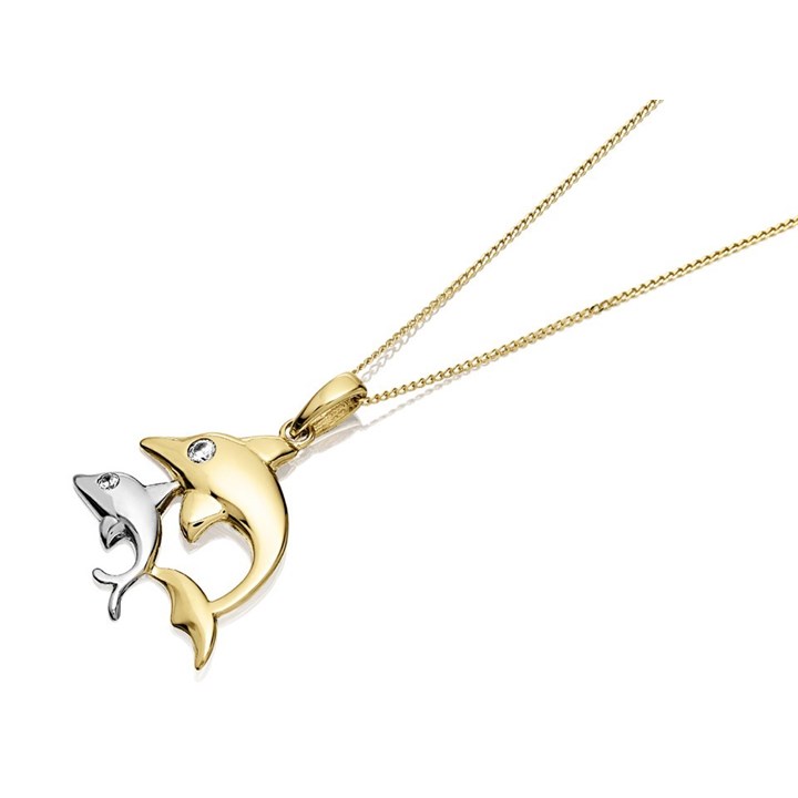 9ct Gold Two Colour Cubic Zirconia Dolphin Necklace - R8749