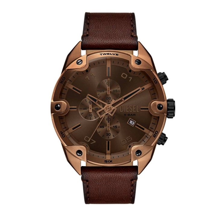 Diesel DZ4698 Spiked Chronograph Brown Leather Strap Watch - W11363