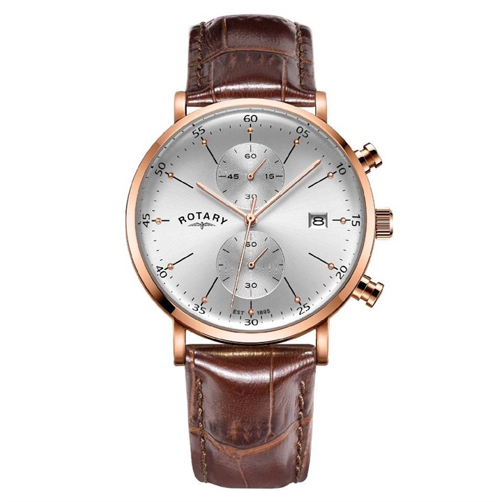 Rotary GS00302/70 Rose Gold Plated Brown Leather Strap Watch - W13107