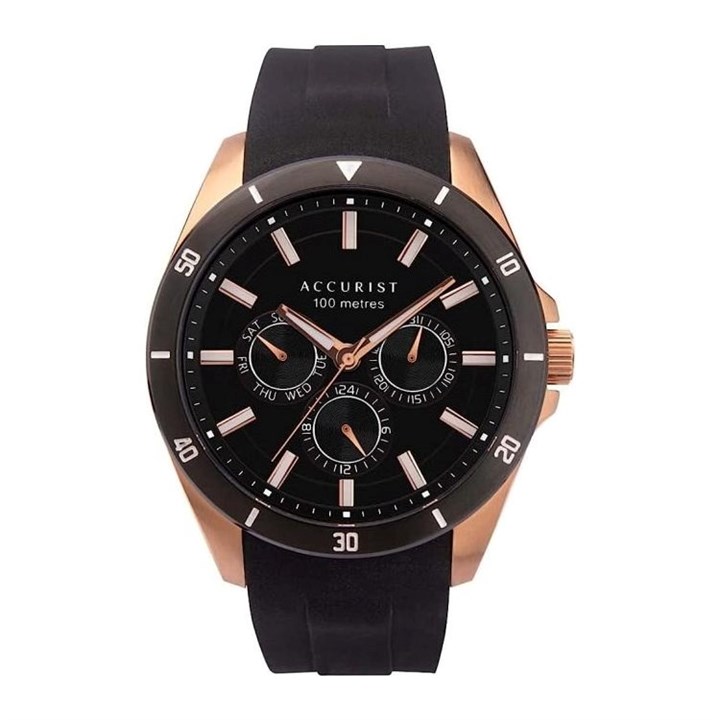 Accurist 7342 Rose Gold Plated Black Resin Strap Watch - W19190