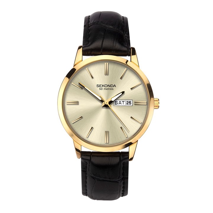 Sekonda 1838 Gold Tone Black Leather Strap Watch - W31202