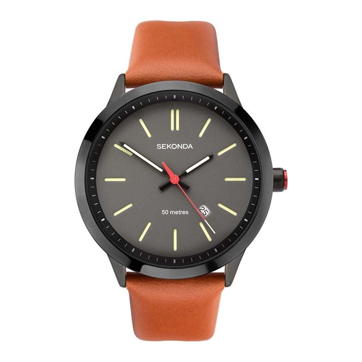 Sekonda 1828 Black IP Brown Leather Strap Watch - W31426