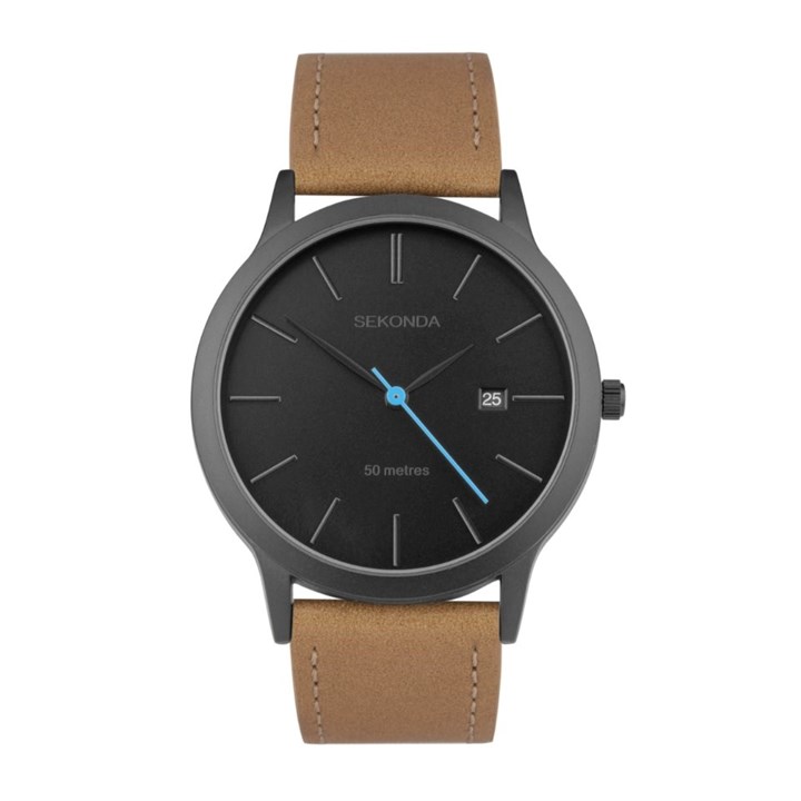 Sekonda 30133 Black IP Tan Leather Strap Watch - W31444