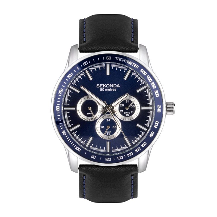 Sekonda 30160 Silver Tone Blue Multi Dial Black Leather Strap Watch - W31467