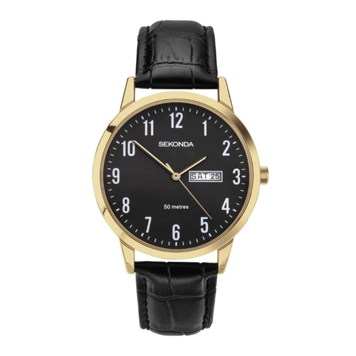 Sekonda 30184 Gold Tone Black Leather Strap Watch - W31468