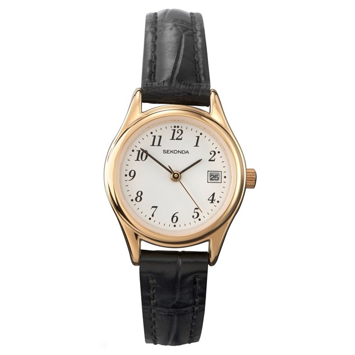 Sekonda 4082 Gold Plated Black Leather Strap Watch - W32223