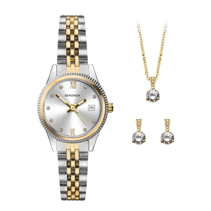 Sekonda 2674G Two Tone Watch, Necklace And Stud Earrings Gift Set - W32452