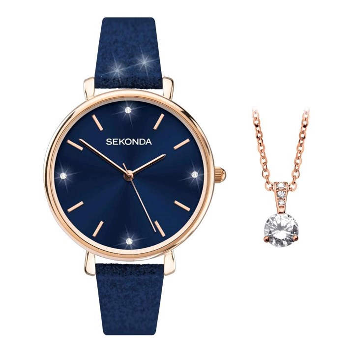 Sekonda 40064G Blue Strap Watch And Necklace Gift Set - W32473