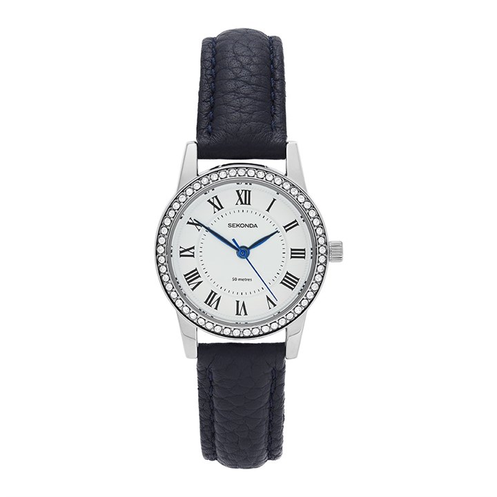 Sekonda 40793 Black Strap Stone Set Case Roman Numeral Watch - W32505