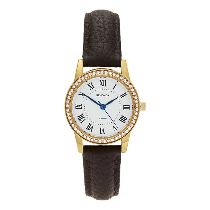 Sekonda 40794 Brown Strap Stone Set Case Roman Numeral Watch - W32506
