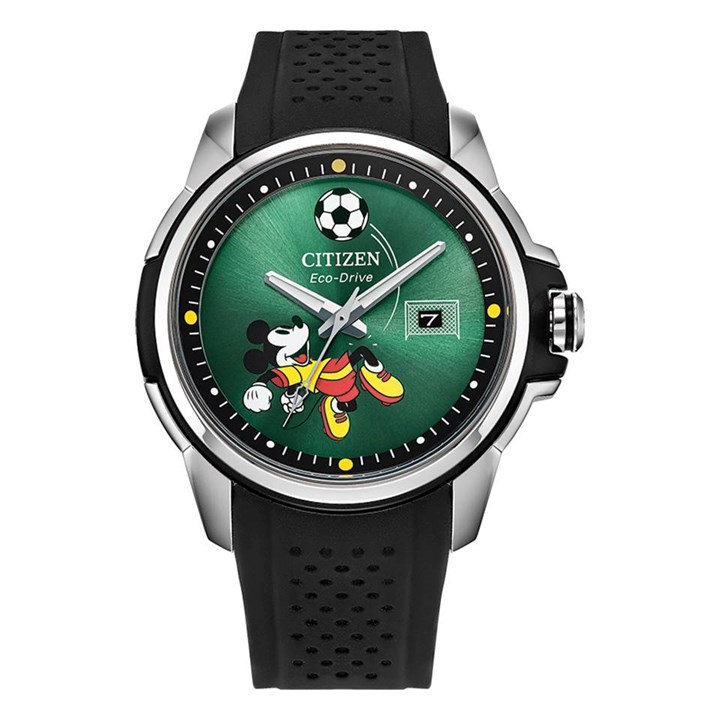 AW1656-08W Citizen Disney Micky Soccer Eco-Drive Black Leather Strap Watch - W38518