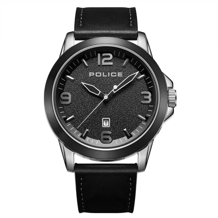 Police Cliff Multi Function Black Leather Strap Watch - W44100