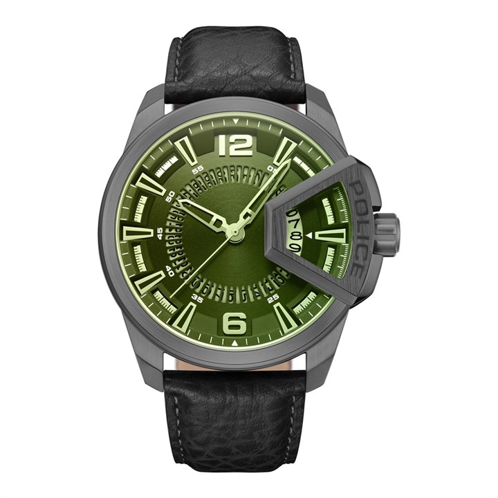 Police Underlined Black Leather Strap Watch - W44143