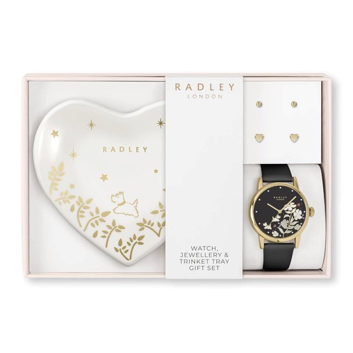 Radley RY21792A-TKH-SET Black Strap Watch, Earrings And Trinket Tray - W51487