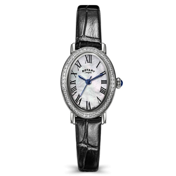 RLS10073/41 Rotary Oval Stone Set Bezel Black Leather Strap Watch - W64261