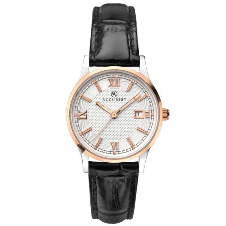 Accurist 8249 Rose Gold Plated Black Leather Strap Watch - W72153