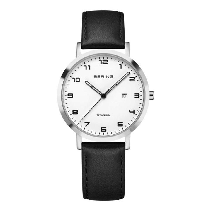 BERING 18634-404 Titanium Black Leather Strap Watch - W74194