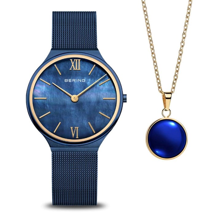 Bering 18434-397-GWP Ultra Slim Blue Milanese Watch And Necklace Set - W74198