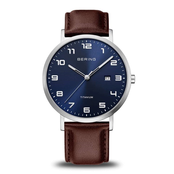 BERING 18640-505 Titanium Brown Leather Strap Watch - W74283