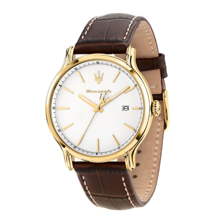 Maserati R8851118018 Epoca Slim Gold Tone Brown Leather Strap Watch - W81346