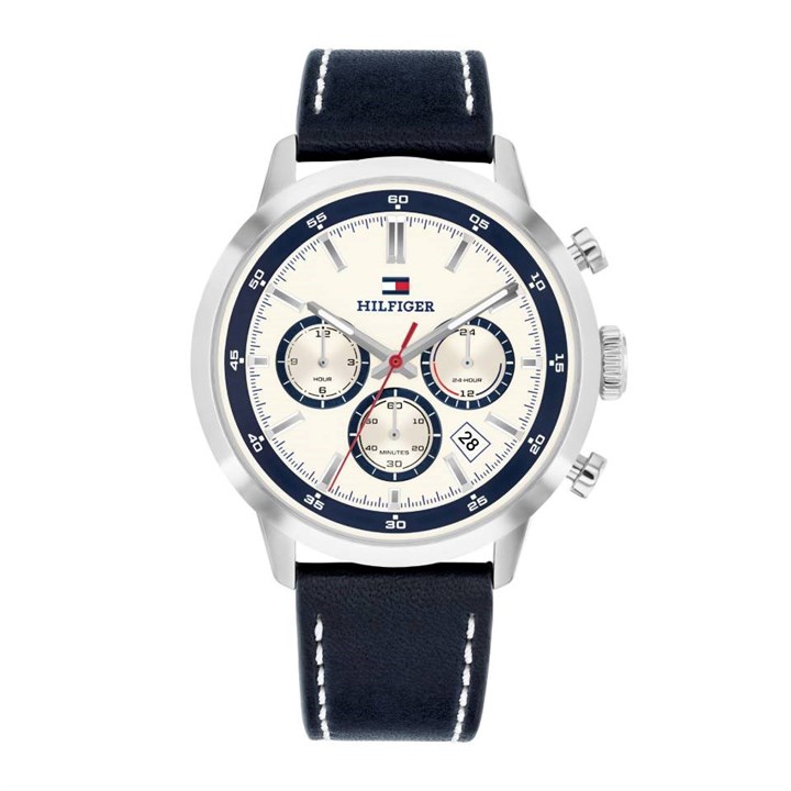 Tommy Hilfiger 1710751  Dual Time Stainless Steel Blue Leather Strap Watch - W95447