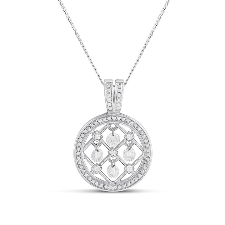White gold 18in curb chain with a dancing diamond circular pendant. - X50516
