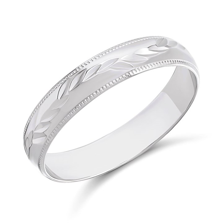9ct White Gold Diamond Cut Leaf Wedding Ring - 4mm - Size R - Z15202