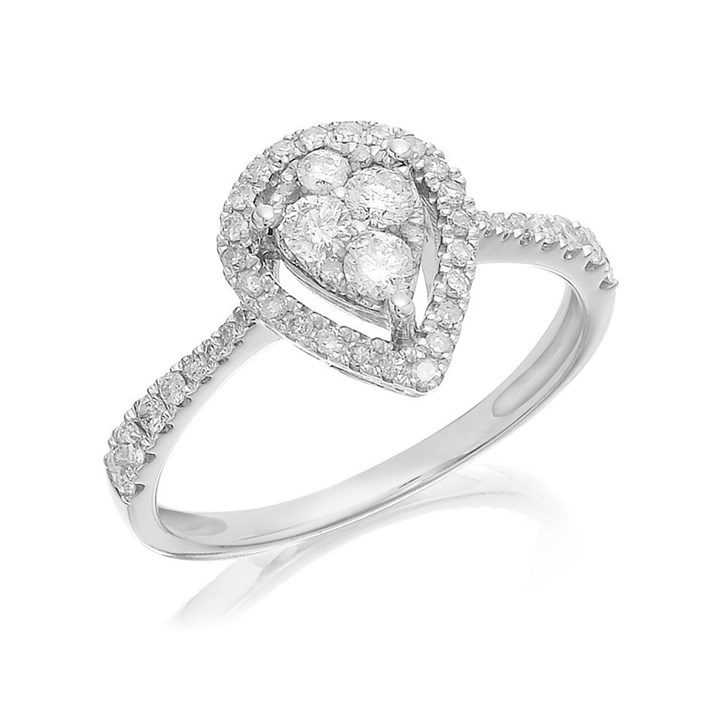 9ct White Gold Diamond Pear Halo Cluster Ring - 1/2ct - Size H Only - Z50813
