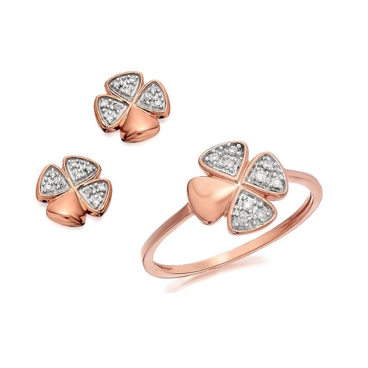 9ct Rose Gold Four Leaf Clover Ring And Stud Earring Gift Set - Z5103