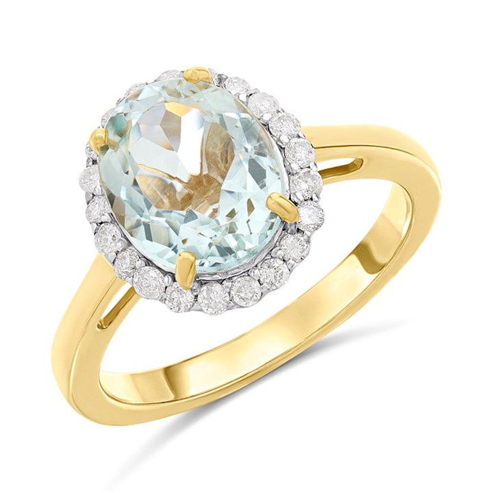 9ct Gold Oval Aqua & Diamond Cluster Ring, 1/4ct. Size M - Z51181