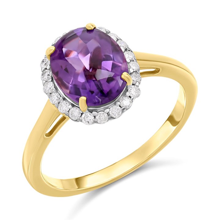 9ct Gold Amethyst And Diamond Cluster Ring - 1/4ct Size R - Z51182