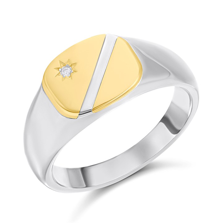 Silver And 9ct Gold Diamond Square Signet Ring. Size Z+2 Only. - Z51217