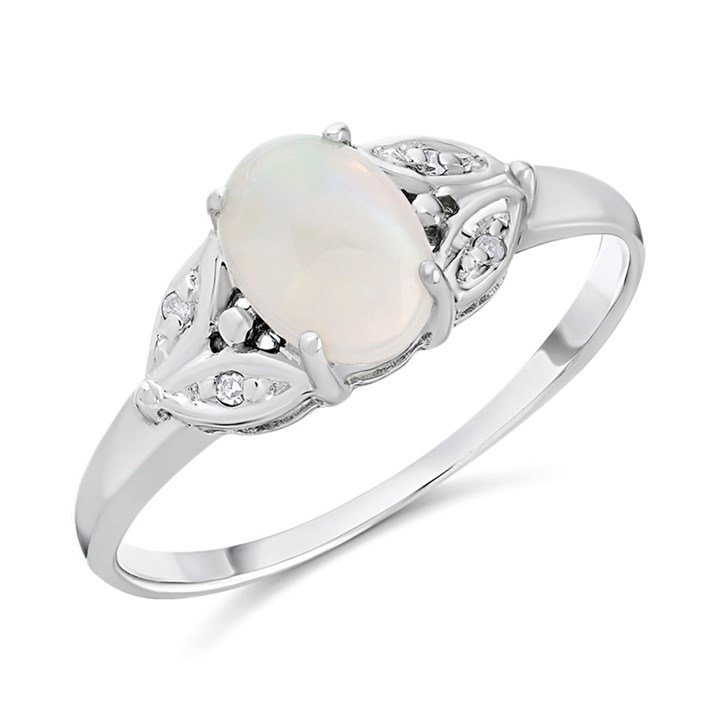 9ct White Gold Opal And Diamond Ring - Size K Only - Z5167