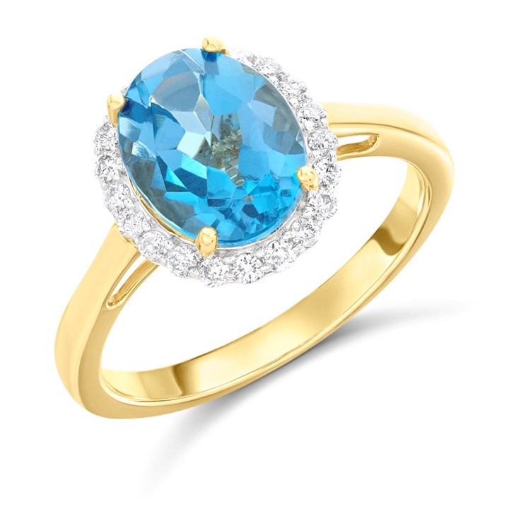 9ct Gold Blue Topaz And Diamond Cluster Ring - 1/4ct - Z5192