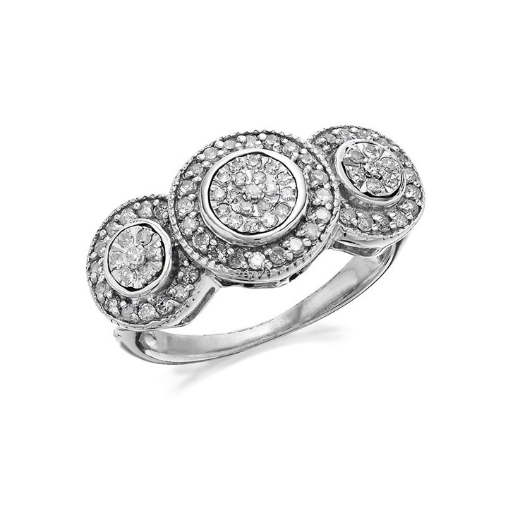 9ct White Gold Diamond Trilogy Cluster Ring - 1/2ct - d7206