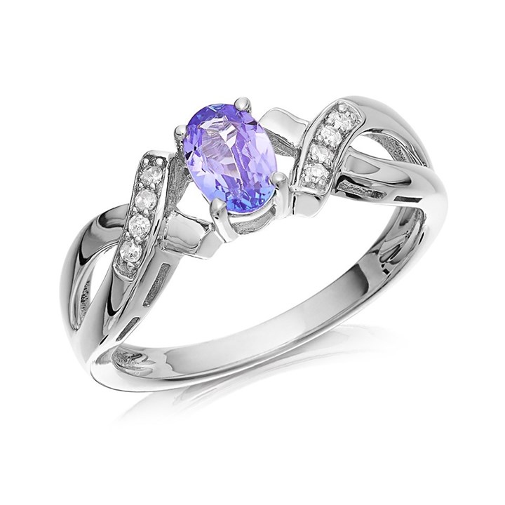 9ct White Gold Tanzanite And Diamond Kiss Ring - 4pts - d7936