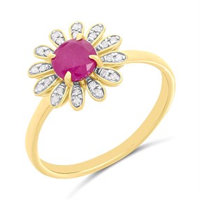 9ct Gold Ruby And Diamond Flower Cluster Ring - D7450