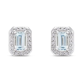 9ct White Gold Rectangular Aquamarine And Diamond Stud Earrings - D94136