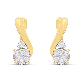 9ct Gold Diamond-Set Swirl Cluster Stud Earrings - D94176