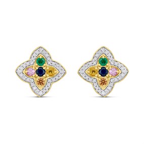 9ct Diamond And Multi-Coloured Sapphire Clover Stud Earrings - D96117