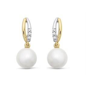 9ct Gold Two Colour Cultured Pearl And Diamond Drop Earrings - D9665
