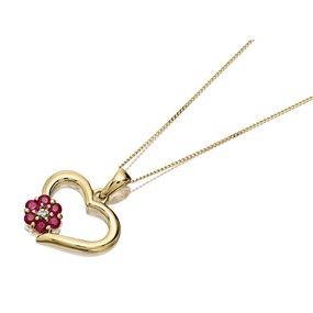 9ct Gold Ruby And Diamond Outline Heart And Flower Necklace - D9774
