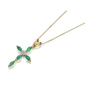 9ct Gold Emerald And Diamond Cross Necklace - D9799