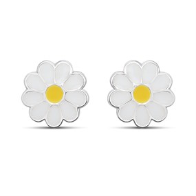 Silver Enamel White Daisy Stud Earrings- 7mm - F0156