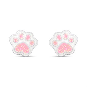 Silver Enamel Pink Paw Print Stud Earrings- 7mm - F0157