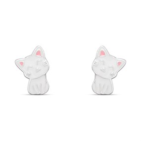 Silver Enamel White Cat Stud Earrings - F0159