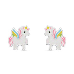 Silver Enamel Unicorn Glitter Stud Earrings- 8mm - F0161