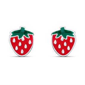 Silver Enamel Strawberry Stud Earrings- 7mm - F0163